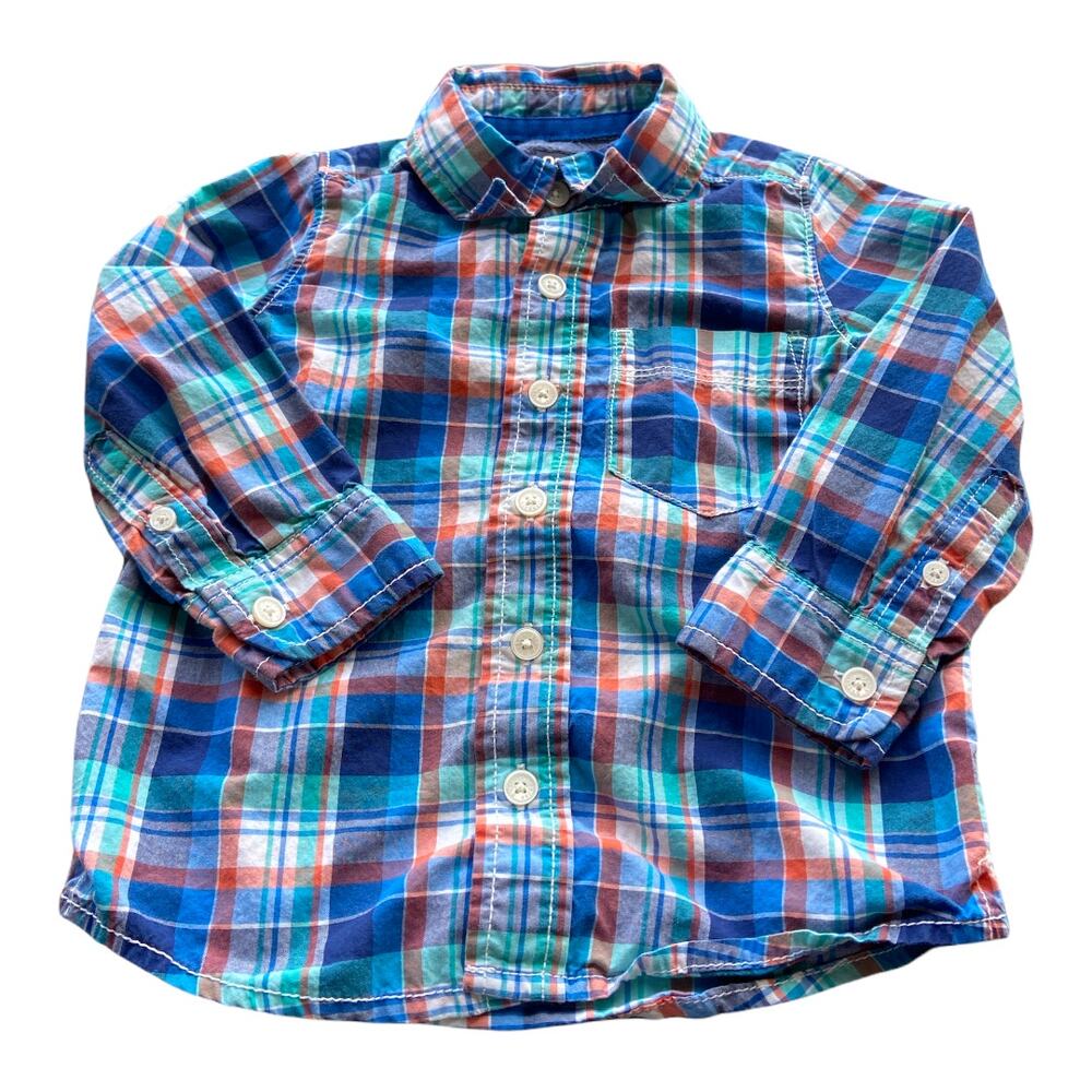 OshKosh Orange Blue Aqua Plaid Dress Shirt 2T Long Sleeve Spring Easter Fall